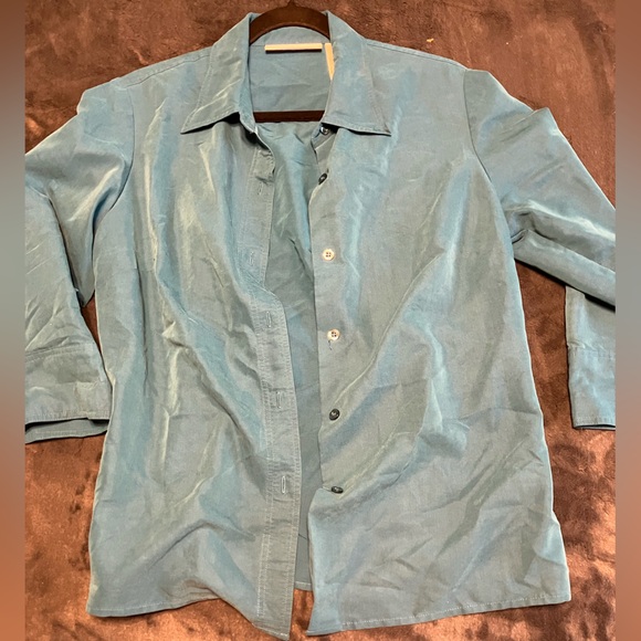 Liz Claiborne Y2K Teal 3/4 Sleeve Button Down Blouse - Picture 5 of 6